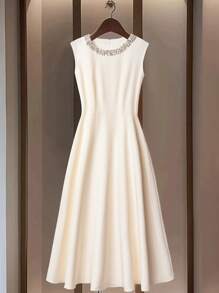 Franclia Women's Elegant Sleeveless Floral Sequins Patchwork Round Neck Dress, Summer - Apricot - View 4
