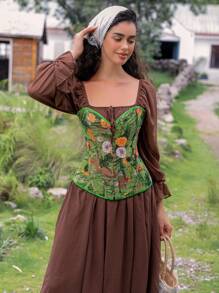 SHEIN Myrelith Green Floral Print Lace Up Corset Bustier Top For Women - Style Regular Length Fabric Corset