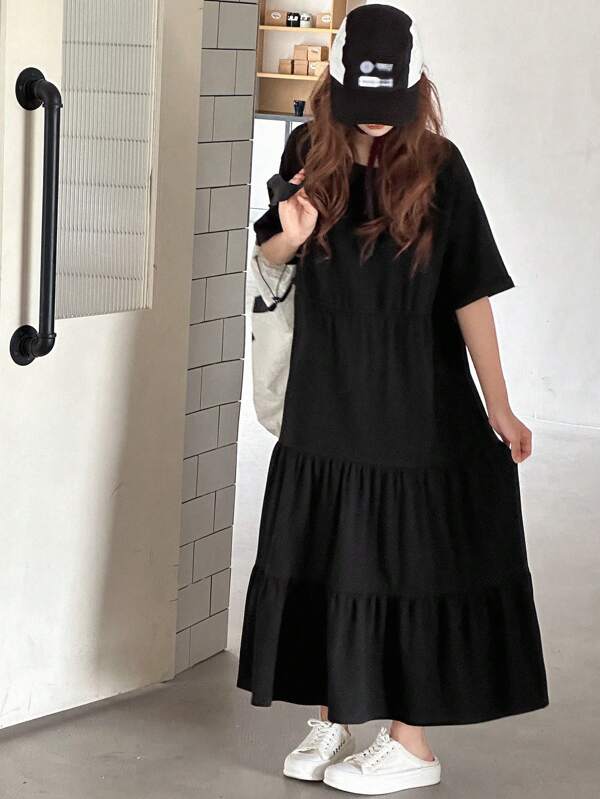 DAZY Teen Girl Summer Solid Color Round Neck 3/4 Sleeve Ruffle Hem Casual Dress