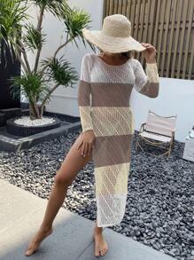 SHEIN Swim Damen Urlaubs Kontrast Farbblock Rundhals Langarm Ausschnitt Cover Up Kleid