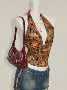 SHEIN ICON Áo hở lưng hở lưng cổ chữ V sâu in họa tiết Paisley gợi cảm mùa hè - màu nâu - Xem 6