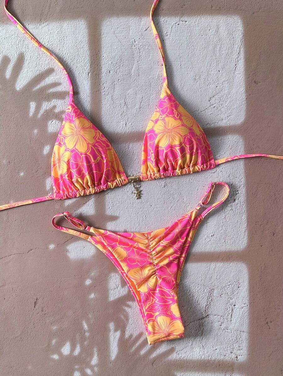 Swim Mod Set de 2 piezas Bikini de mujer con tirantes de espagueti y estampado floral aleatorio - Multicolor - Ver 1
