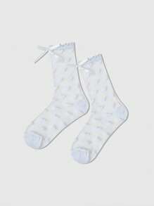 ROMWE Fairycore 4 双女士黑色蝴蝶蕾丝边真丝中筒袜，四季皆宜 - 黑與白 - 查看 4