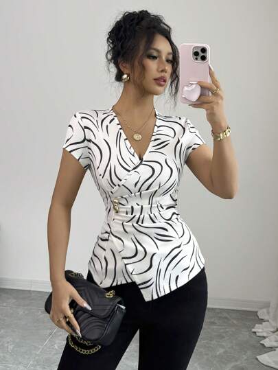 Elenzga Women's Elegant Cap Sleeve Metallic Decor Pleated Blouse, Suitable For Daily Commute, Outing, Date, Halloween Sweatshirt, Back To School, Thanksgiving