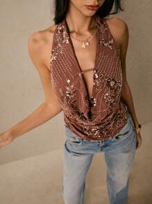 Poéselle Women's Vacation Sexy Sequin Embroidery Backless Halter Top - Brown - View 5