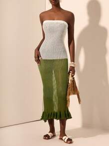 Zivah 2025新款夏季休闲度假沙滩度假日常约会辣妹风性感欧美女主针织镂空纹理感抹胸修身下摆垂坠染工艺白绿渐变钩编毛线裙长裙包臀裙修身裙女士毛衣连衣裙 - 白色 - 查看 7