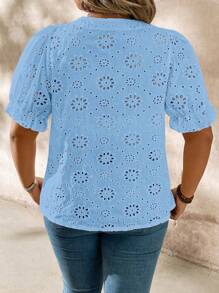 SHEIN LUNE Women Plus Size V-Neck Embroidered Puff Sleeve Button Front Blouse - Blue - View 2