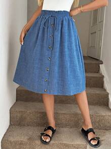 Easowa 女士蓝色牛仔效果 A 字裙，宽松版型，适合秋季 - 藍色 - 查看 2