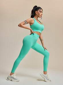 Innovista Seamless Workout Sets Sports High Support Quick Dry Daily Athleisure Yoga HIIT Training Office To Gym Tights Activewear Clothes Bra UV Protection Legging Pants Vintage Olive Green Fall Comfort Movement Functional Mesh Breathable Tummy Control Compression, Women Athletic Set Vintage Olive Green Utilitarian Chic - Mint Green - View 4