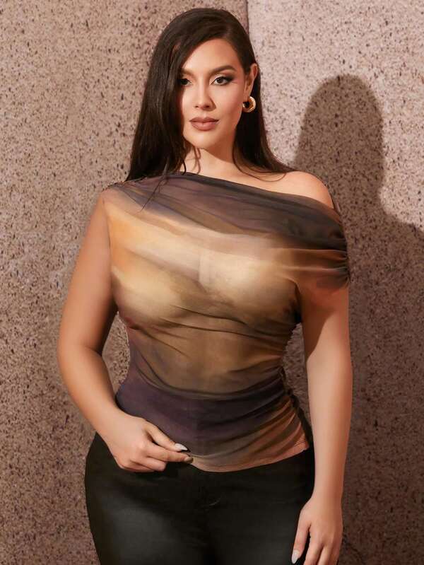 SHEIN SXY Tricou cu mânecă scurtă, vopsit în culoarea unuii, cu guler asimetric, mărime mare, primăvară/vară