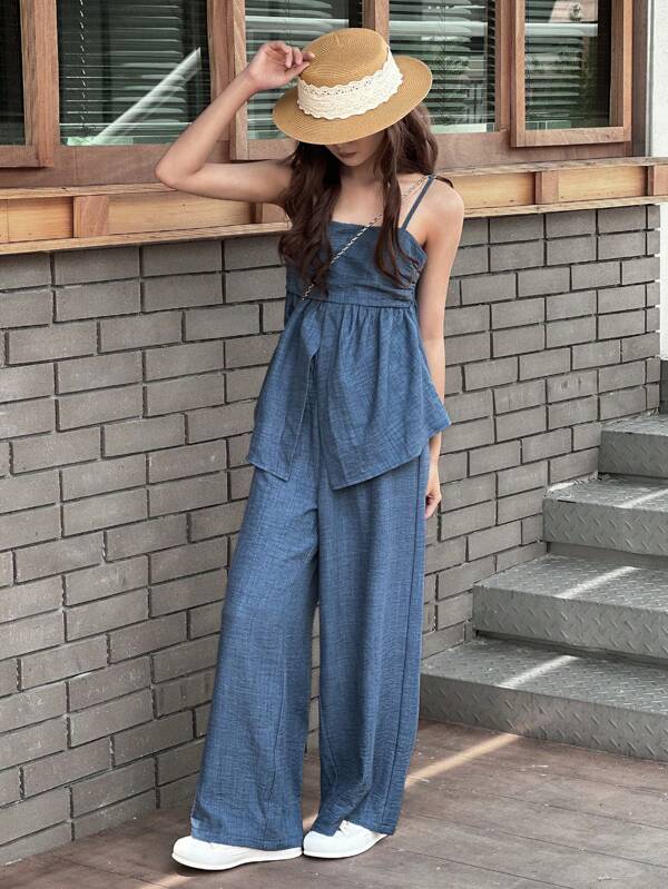 DAZY Teen Girls Solid Color Slit Hem Camisole + Long Pants 2Pcs Set,Girls Summer Outfits,Back To School Clothes