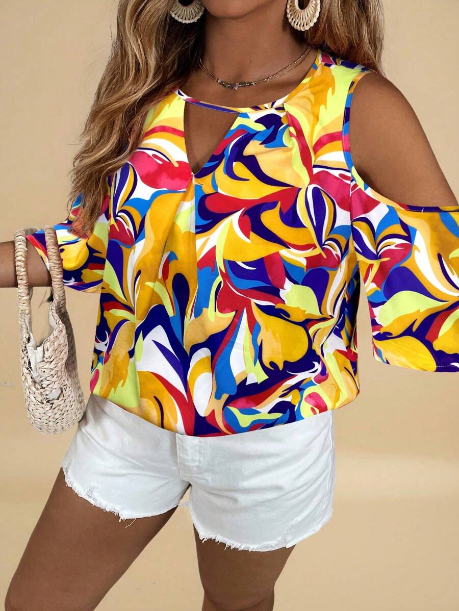 SHEIN VCAY Plus Size Women's Vacation Full Print Off Shoulder Keyhole Neck Fashionable Shirt - Yellow - View 1