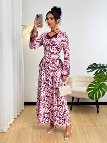 Yasmyna 女式侧腰系带浪漫花卉印花束腰优雅阿拉伯风格连衣裙，春夏 - 彩色 - 查看 6