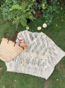 Dazy Plus V领蕾丝半透明套头衫，夏季度假风格 - 杏色 - 查看 2