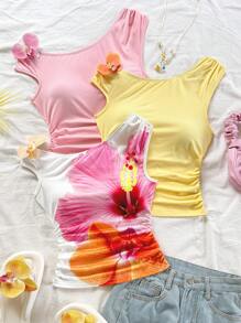 Soleia Blusa de punto con estampado tropical asimétrico de flores 3D, elegante y bohemia, ideal para vacaciones, boda en la playa, graduación, brunch primaveral, Semana Santa, festivales de música