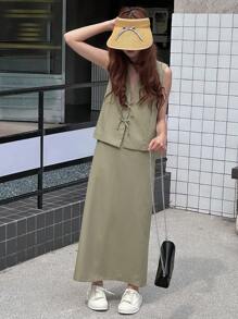 DAZY 2pcs/Set Teens Girls V-Neck Sleeveless Top And A-Line Skirt Set, Summer,Back To School Clothes