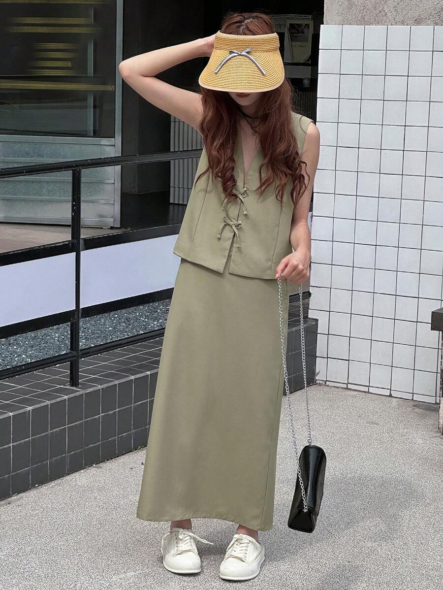 DAZY 2pcs/Set Teens Girls V-Neck Sleeveless Top And A-Line Skirt Set, Summer,Back To School Clothes