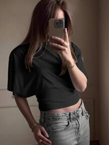 Rina Fox Damen Sommer einfarbiges T-Shirt mit rundem Ausschnitt, Fledermausärmeln und locker taillierter Form