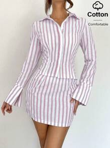 Siren Gaze 2025 ¡Nuevo! Conjuntos de verano para mujer - Camisa de algodón de manga larga con botones a rayas y falda de línea A de algodón, conjunto de 2 piezas de estilo casual elegante perfecto para el trabajo de oficina casual en verano, look de verano europeo, conjunto de 2 piezas a rayas de camisa y falda, conjunto de blazer y falda, conjunto de falda y chaqueta - Multicolor - Ver 1