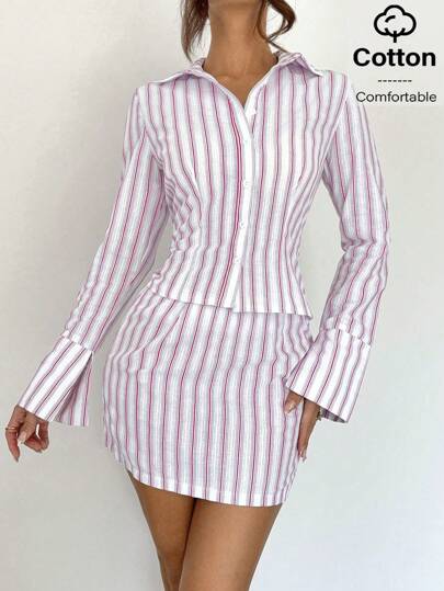 Siren Gaze 2025 New! Summer Outfits For Women - Women's Striped Long Sleeve Button Up Cotton Shirt & A-Line Cotton Skirt 2 Pieces Set, Fashionable Casual Style Perfect For Business Casual Work In Summer, European Summer Look Striped Two Pieces Set Shirt And Skirt Set Blazer Skirt Set Skirt Suit 2 Pieces Set Winter Elegant