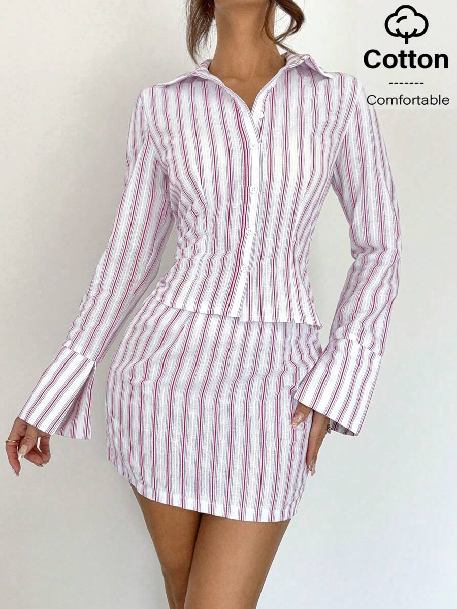 Siren Gaze 2025 ¡Nuevo! Conjuntos de verano para mujer - Camisa de algodón de manga larga con botones a rayas y falda de línea A de algodón, conjunto de 2 piezas de estilo casual elegante perfecto para el trabajo de oficina casual en verano, look de verano europeo, conjunto de 2 piezas a rayas de camisa y falda, conjunto de blazer y falda, conjunto de falda y chaqueta - Multicolor - Ver 1