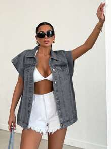 SHEIN Cottnline 100%Cotton Elastic Band Detailed, Rigid Vest - Light Grey - View 3