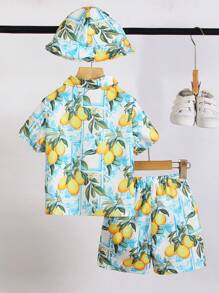 SHEIN 小男孩柠檬印花休闲单排扣短袖衬衫，轻盈，适合夏季度假