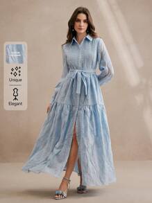 Anewsta 新款优雅纹理提花女式长袖连衣裙，春夏 - 藍色 - 查看 1