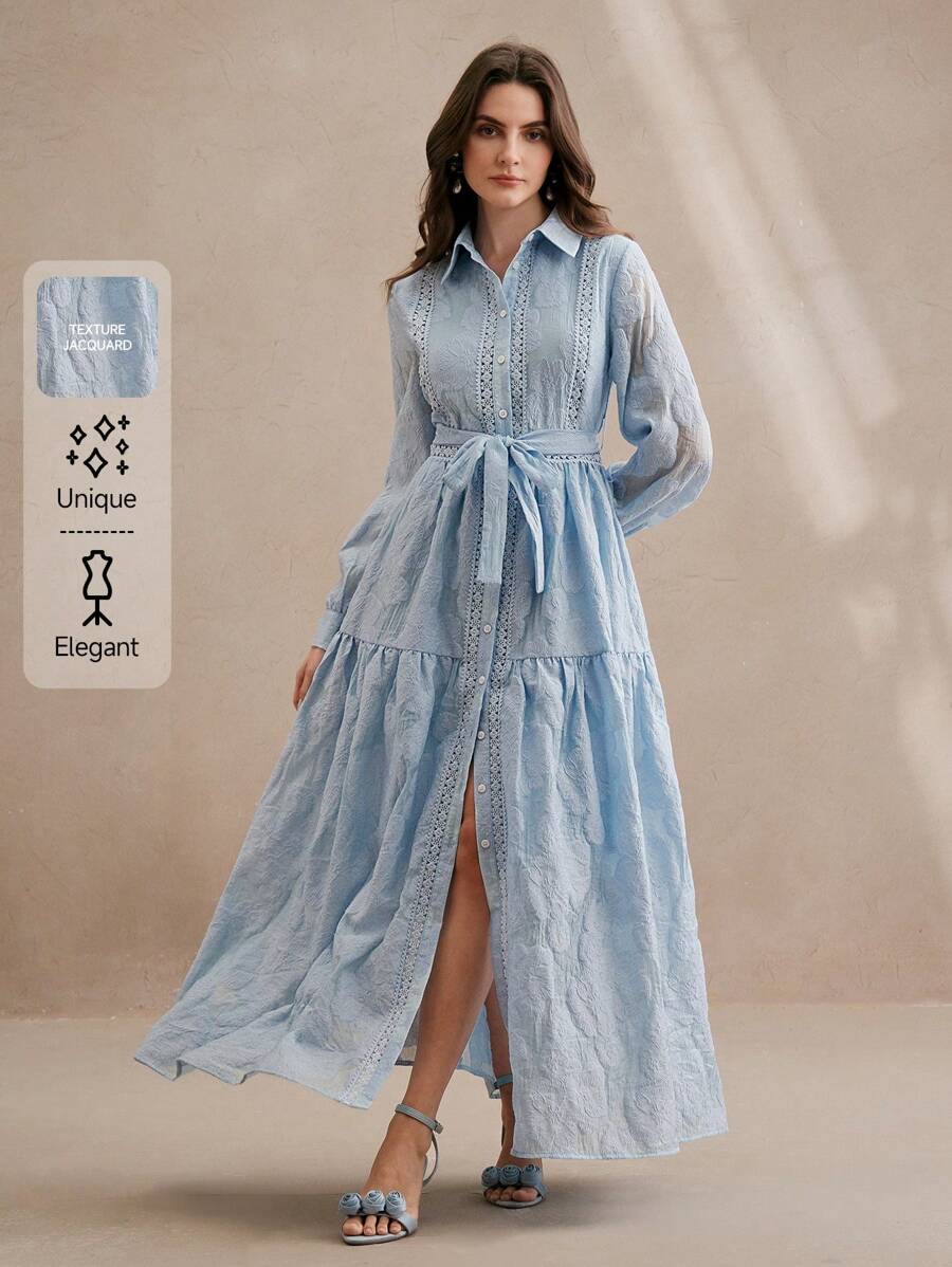 Anewsta 新款优雅纹理提花女式长袖连衣裙，春夏 - 藍色 - 查看 1