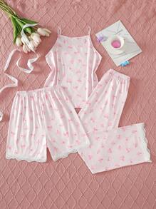 3 pièces/set Top de débardeur et short ou pantalon imprimé papillon minimaliste pour fille ado, ensemble de pyjama casual - Rose bonbon - Voir 2