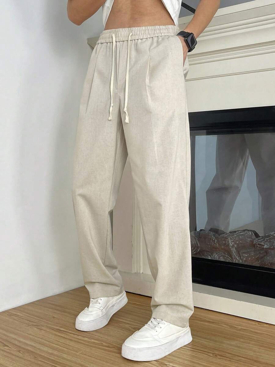 Manfinity Homme Men's Solid Color Drawstring Waist Pocket Straight Loose Casual Pants - Beige - View 1