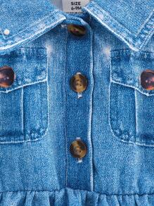 SHEIN 1 件女婴翻领纽扣无袖牛仔印花卡通动物图案可爱时尚休闲复古宽松连衣裙，浅蓝色夏季新款 - 藍色 - 查看 7