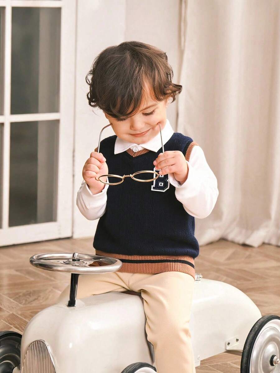 Souflis Souflis 3pcs Baby Boy Cute Collegiate Style Letter Embroidered Knit Vest, Long Sleeve Shirt & Brown Suit Pants Set, Gentleman Style Outfit, Warm & Elegant For Autumn/Winter, Suitable For Occasions Like Parties, Weddings, School Season - Royal Blue - View 1