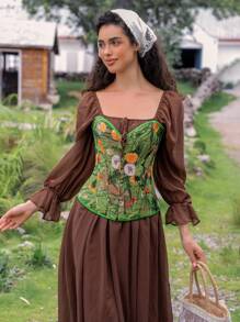 SHEIN Myrelith Green Floral Print Lace Up Corset Bustier Top For Women - Style Regular Length Fabric Corset