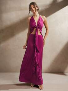 L'Amorae Women Two Piece Co Ord Knit Set,Halter Ruffle Neck Crop Top & Maxi Skirt,Magenta Summer Elegant Vacation Holiday Wedding Guest Berry Resort Ibiza Wear - Hot Pink - View 3