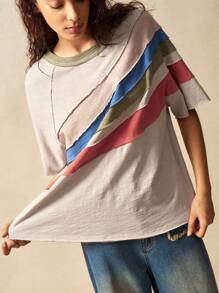 Bohemela Lässiges Colorblock-Rundhals-Raglan-Kurzarm-T-Shirt für Damen