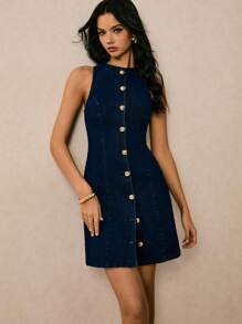 Poéselle 女式夏季单排扣圆领无袖休闲牛仔连衣裙