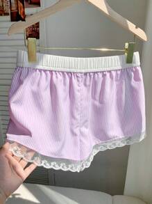 Comfortcana 女式夏季休闲条纹撞色蕾丝花边短裤 - 淺粉色 - 查看 2