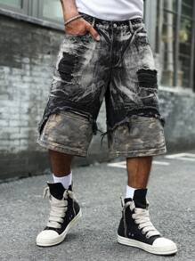 Manfinity LEGND Men's Black Denim Bermuda Shorts With Ripped Details And Camouflage Underlayer