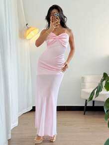 Chiquease Women's Elegant Satin & Chiffon Patchwork Bowknot Dress