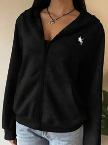 SHEIN EZwear Women's Black Knight Print Knitted Hooded Sweatshirt Sweatshirt In Fall/Winter - Black - View 3