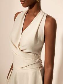 Zivah 2 件套无袖交叉系带露背上衣和阔腿裤套装 - 杏色，休闲夏季服装，适合音乐节、复活节、圣帕特里克节、西部风、游牧风、生日、毕业典礼、学院风、日常穿着、休闲、度假、巡航、海滩、日光浴、时尚、街头风格、婚礼嘉宾、通勤、早午餐、机场 - 杏色 - 查看 6