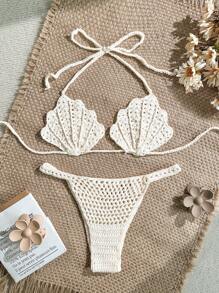 Soleia 全新贝壳风格针织比基尼套装，适合节日、钩针编织、可爱、卡哇伊露肩圣诞节上衣，适合学校返校服装，女士返校秋季服装，哥特女装，俱乐部服装，女士性感万圣节服装，俱乐部连衣裙，外出服装，音乐会服装，乡村音乐会服装 - 杏色 - 查看 1