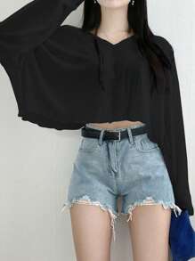 DAZY 女士纯色宽松 V 领短款 T 恤，春夏长袖女上衣，秋季女装