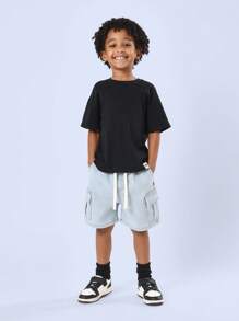 SUMWON Pantaloncini cargo di jeans a tinta unita per ragazzi con vita elastica, casual, estivi, per attività all'aperto e gioco, regolabili con laccetto, moda per bambini - celeste - Visualizzare 3