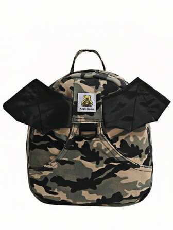 Grunge Punk Mochila mini retro de color camuflaje mezclado con diseño de alas de diablo, bolso de hombro doble, multifuncional de estilo versátil y casual, adecuado para el campus, eventos sociales, compras, viajes y fotografía