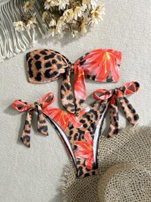 Swim SXY Bộ bikini 2 mảnh nữ đi biển mùa hè kiểu mới, họa tiết hoa báo sexy, cổ yếm, hở lưng, buộc dây hai bên - Nhiều màu - Xem 4