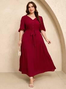 Veilorie Plus Size V-Neck Short Sleeve Casual Waist Cinched Summer Dress - Burgundy - View 7