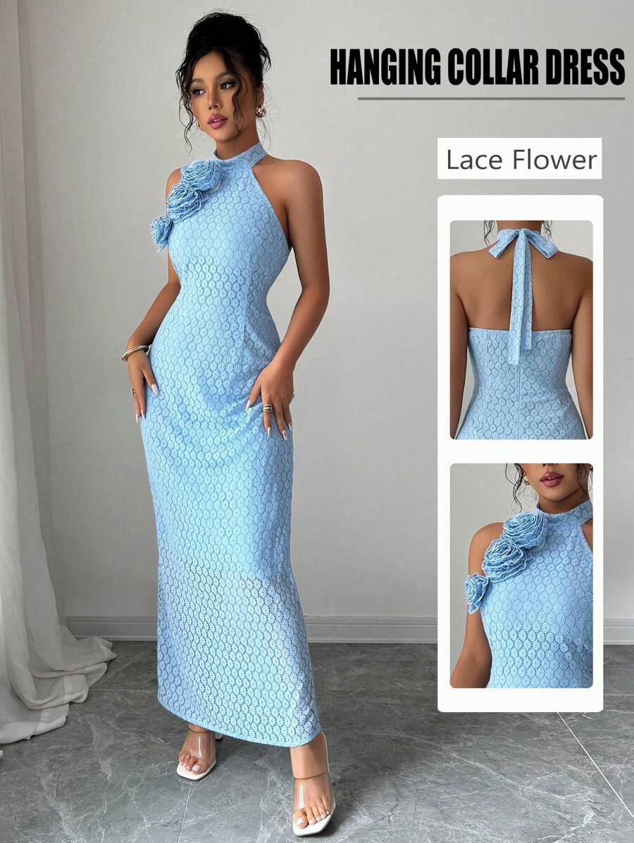 SHEIN Unity 女式刺绣花卉挂脖紧身连衣裙 - 藍色 - 查看 1