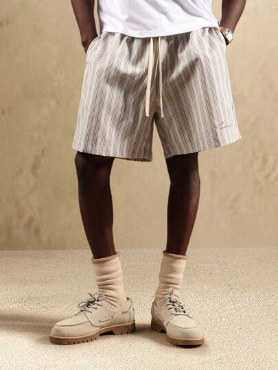 SUMWON 夏季休闲条纹棉质抽绳短裤常规舒适版型度假休闲裤家居服